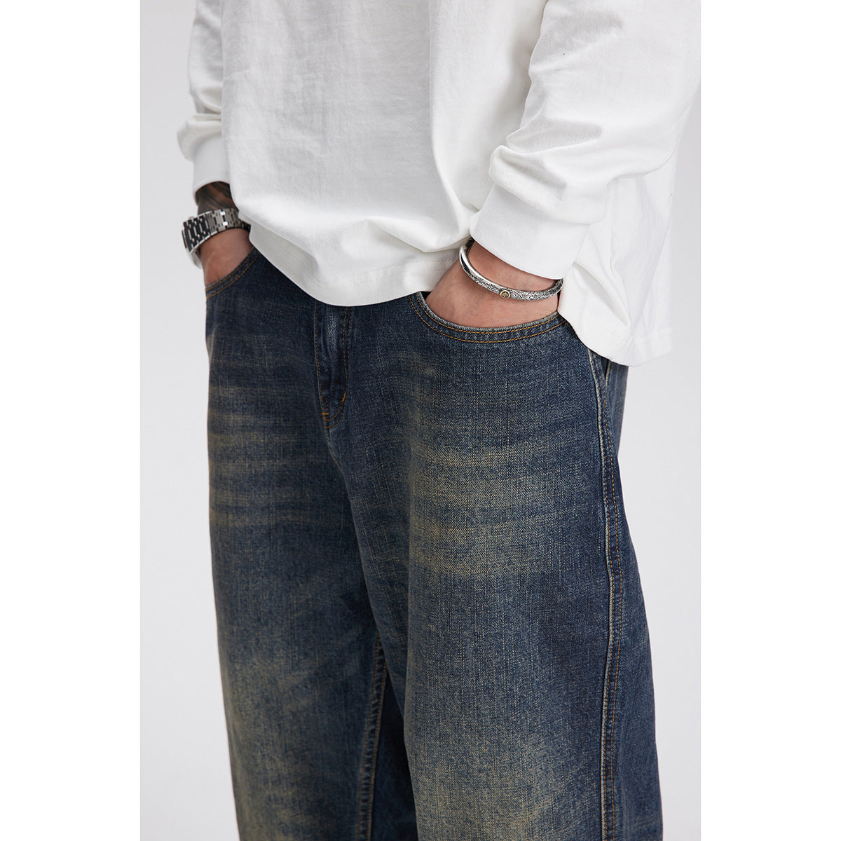 Men's Retro Blue Cotton Trousers – Mid-Waist, Straight-Leg Casual Pants