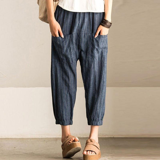 Women's Striped Baggy Harem Pants – High Waist, Relaxed Fit, with Pockets