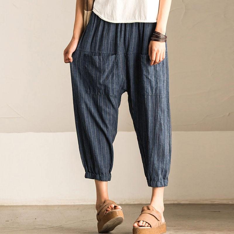 Women's Striped Baggy Harem Pants – High Waist, Relaxed Fit, with Pockets