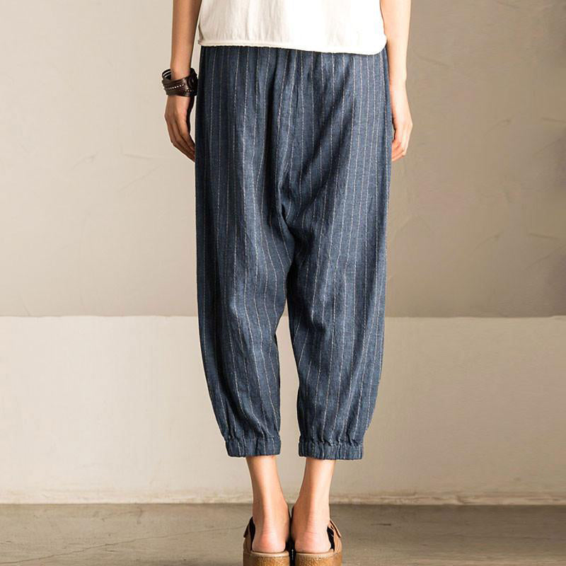 Women's Striped Baggy Harem Pants – High Waist, Relaxed Fit, with Pockets